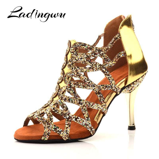 Ladingwu Dance Boots Latin Golden Dance Shoes Heel 8.5cm