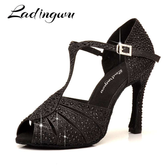 Ladies Latin Black or Silver Rhinestone Dance Shoes