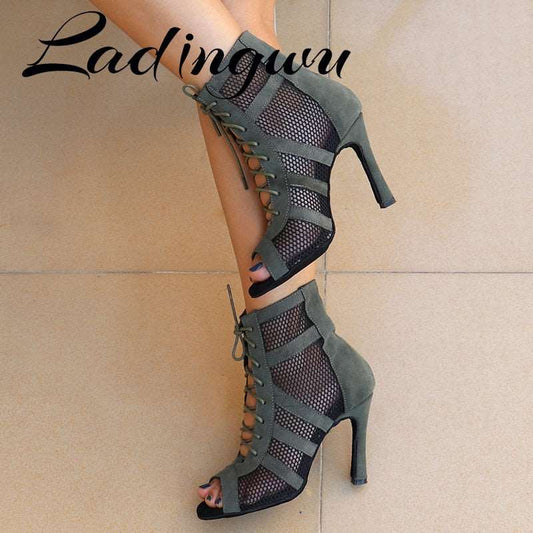 Ladingwu New Army Green Suede Latin Dance Boots
