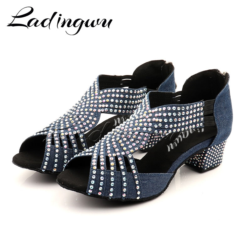 Patricia - Low-Heeled Latin Dance Shoes - Dark Blue Denim with Rhinestone
