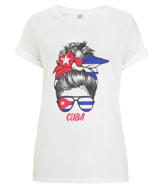 Moño desordenado cubano de manga enrollada para mujer - Camiseta