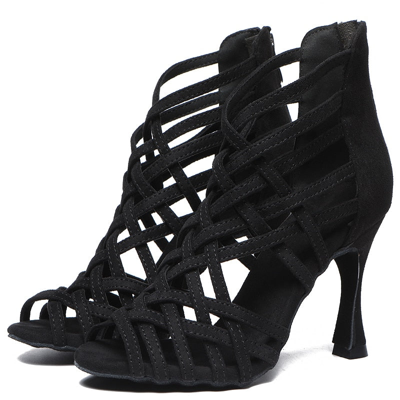 Latin Black Strappy Dance Shoes Customised Heel - 2 Colours